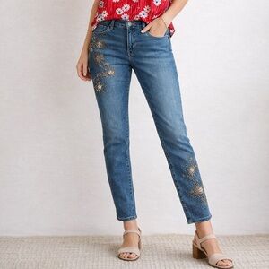 Chico’s Embellished Floral Jeans So Slimming Girlfriend Slim Ankle 4R